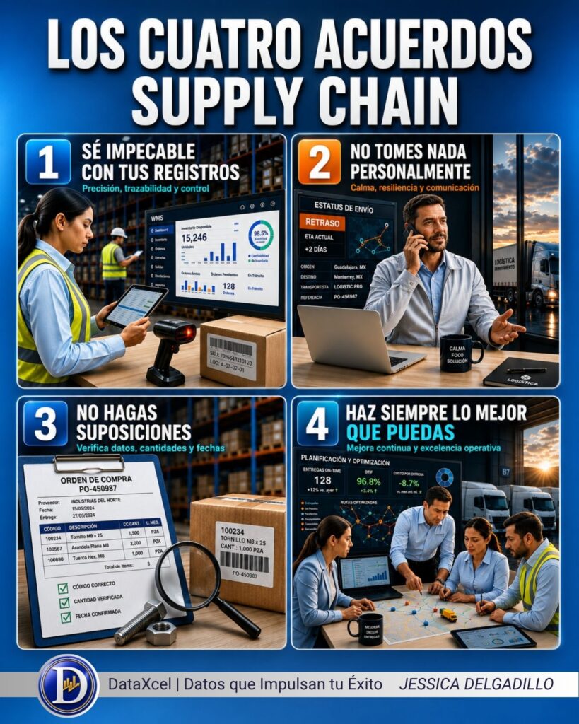 Representación visual de los cuatro acuerdos aplicados a la gestión logística y la excelencia operativa en Supply Chain.