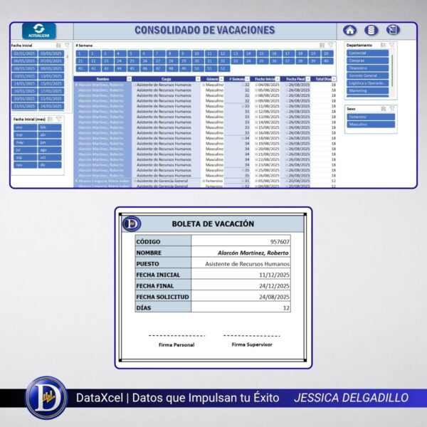 Panel de vacaciones por departamentos con saldos automáticos.