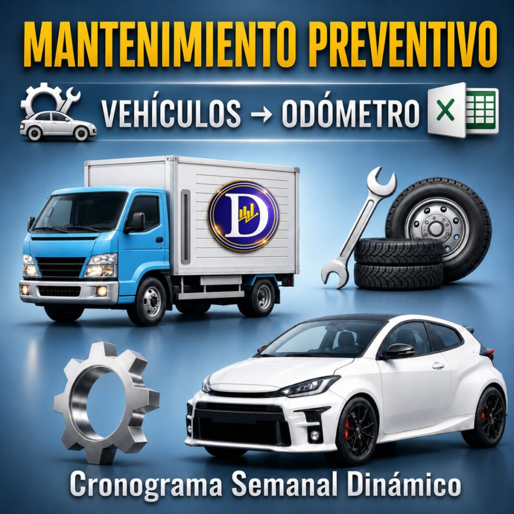 Dashboard de mantenimiento preventivo de vehículos en Excel con indicadores y productividad.