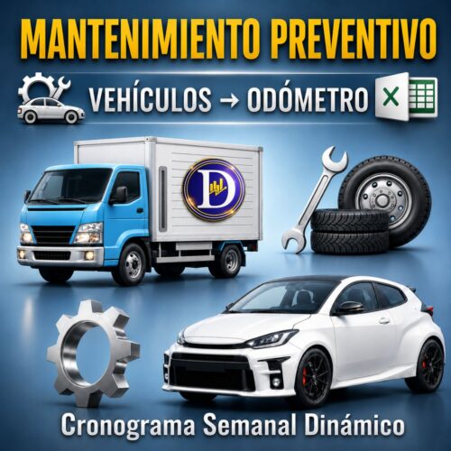 Dashboard de mantenimiento preventivo de vehículos en Excel con indicadores y productividad.
