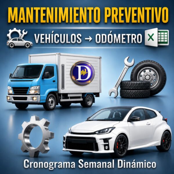 Dashboard de mantenimiento preventivo de vehículos en Excel con indicadores y productividad.