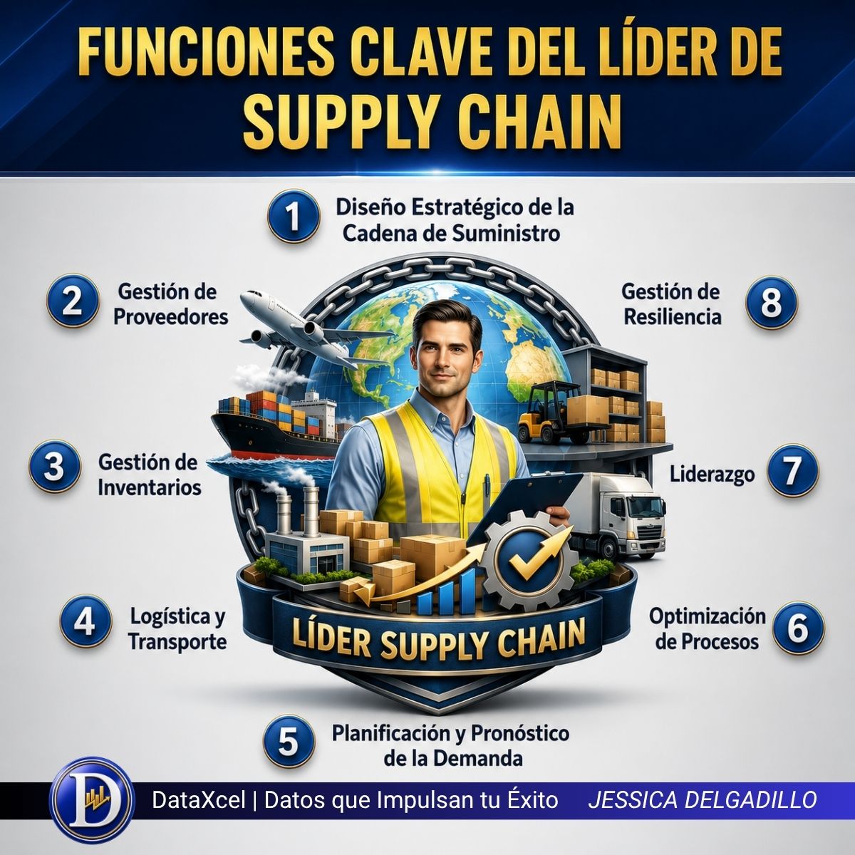 Líder de Supply Chain analizando operaciones logísticas, inventarios, proveedores y transporte para mejorar la competitividad del negocio.