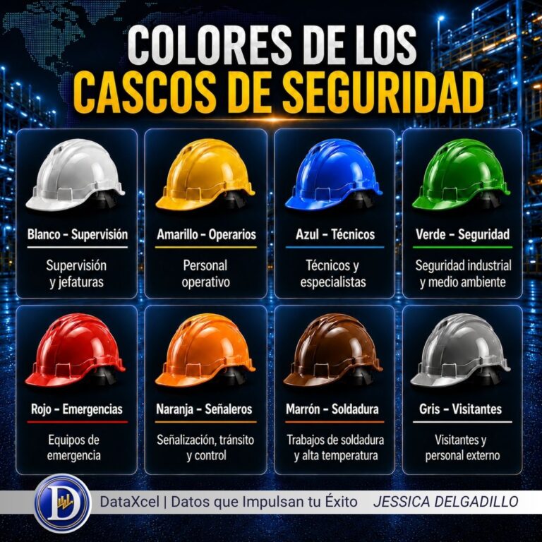 Cascos de seguridad de diferentes colores utilizados para identificar funciones y responsabilidades en el trabajo industrial.